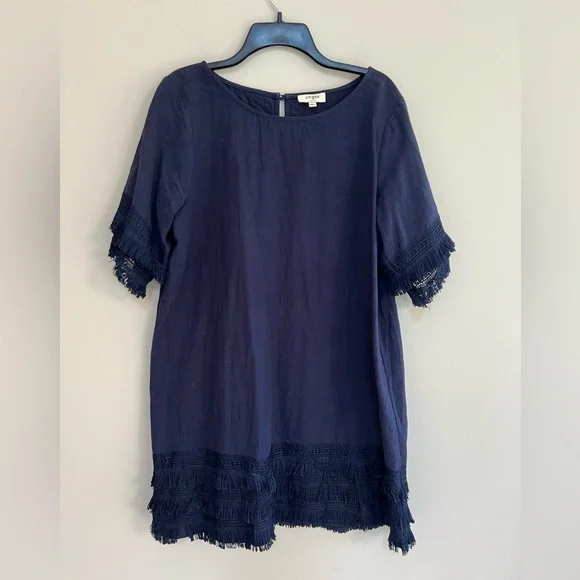 Umgee Cotton Short Sleeved T-Shirt Fringe Hem Dress in Navy Blue, size L - Picture 1 of 8